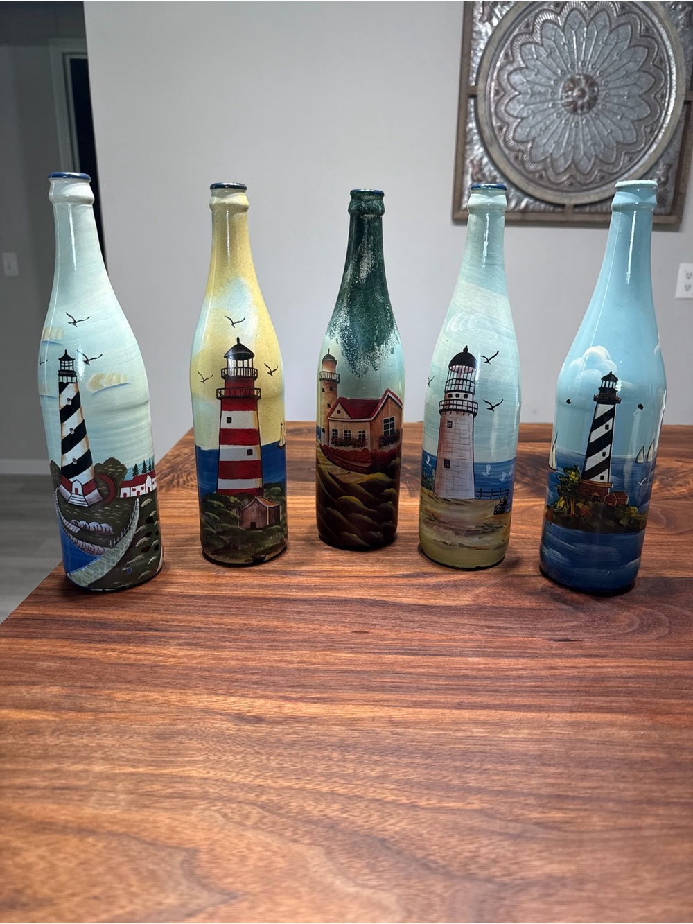 Painted lighthouse bottles